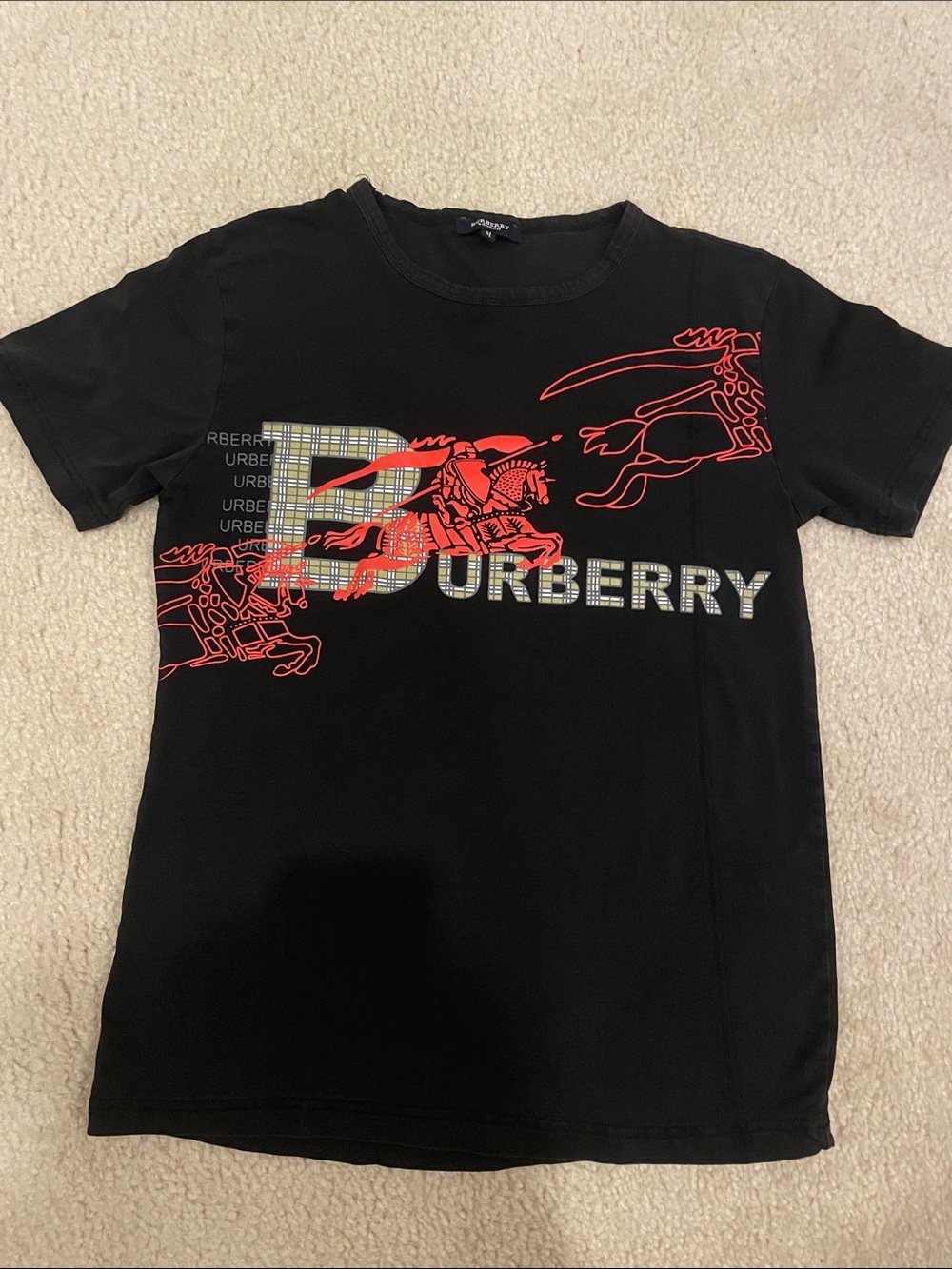 Burberry Black Tee with Red Graphic and Classic Check Accent